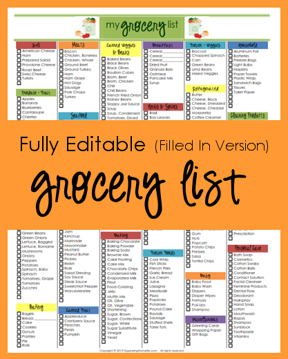 Editable Grocery List (Filled In Version)
